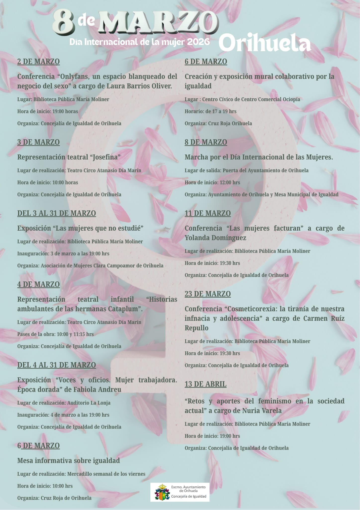 Igualdad presenta un amplio programa de actividades para conmemorar el Día Internacional de la Mujer