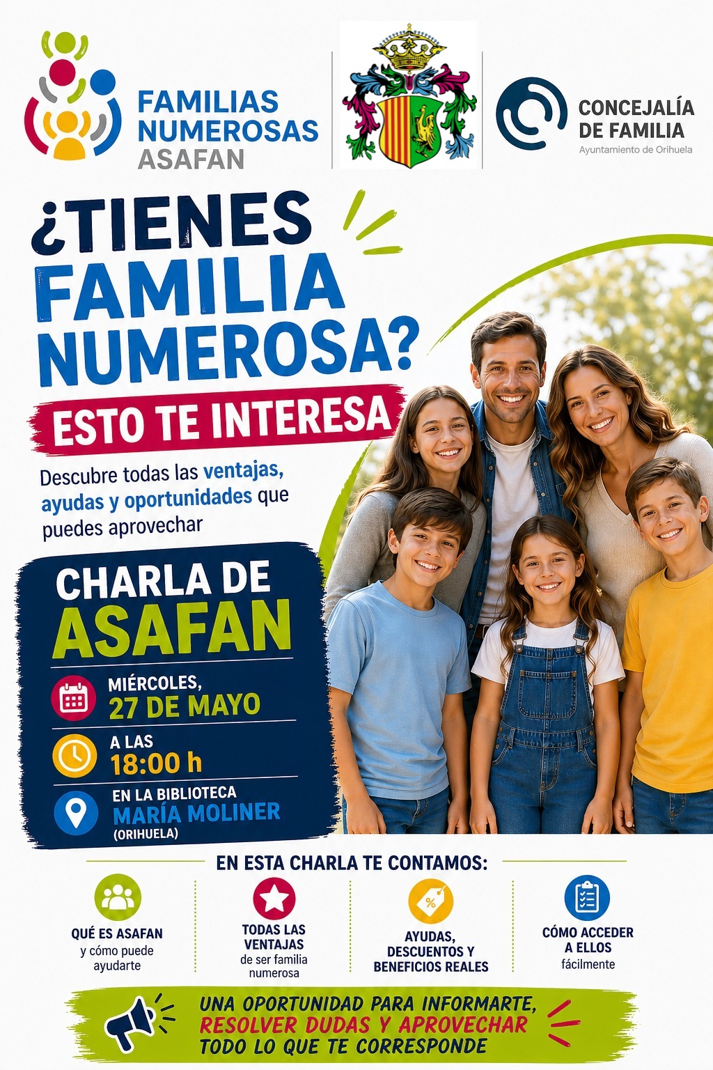 Orihuela informa a las familias numerosas sobre ayudas, descuentos y recursos disponibles