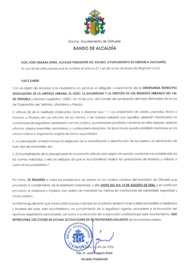 El Ayuntamiento de Orihuela recuerda a los propietarios de solares su obligación de mantenerlos limpios antes del 15 de agosto