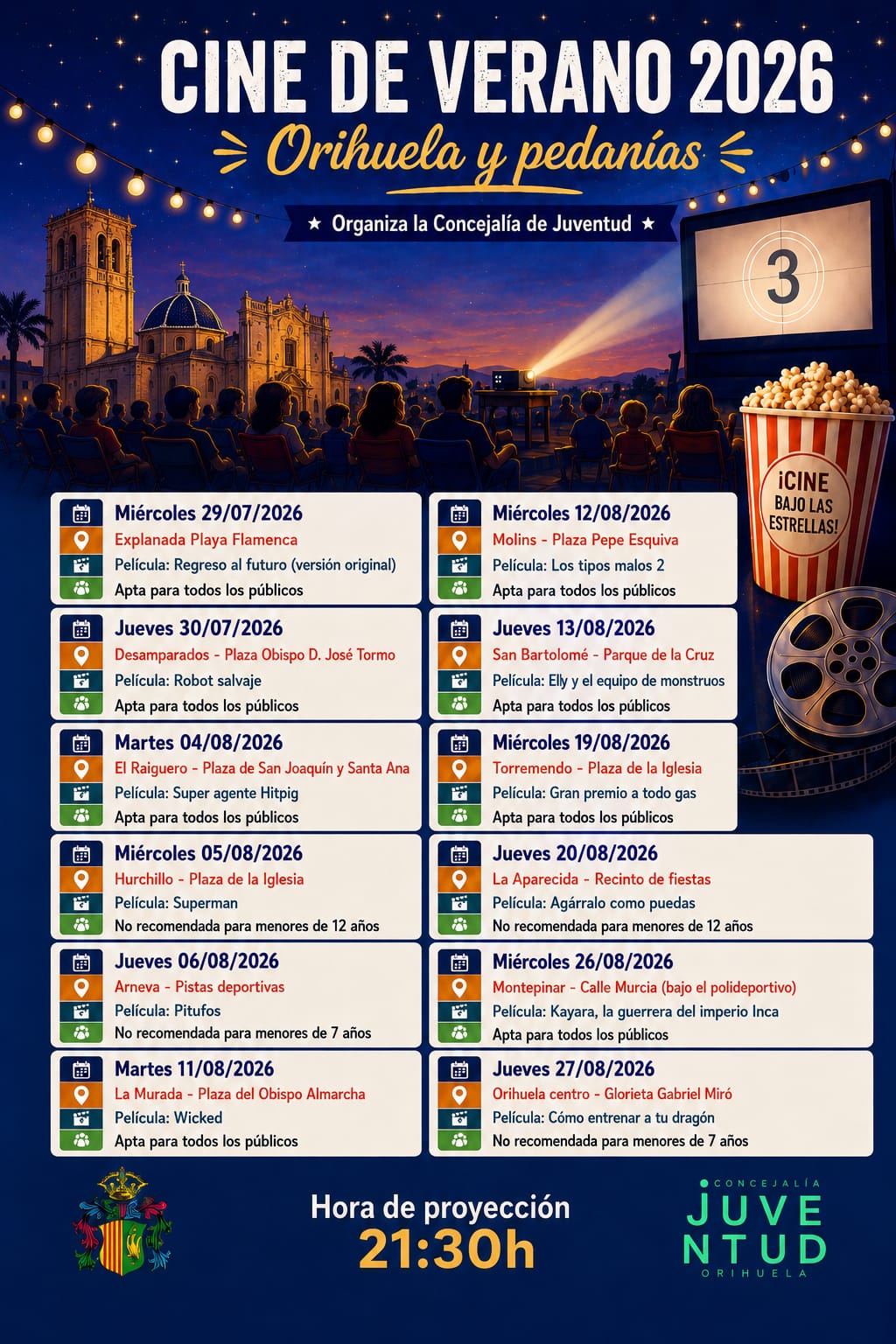 La Concejalía de Juventud organiza el Cine de Verano 2026 en Orihuela y sus pedanías