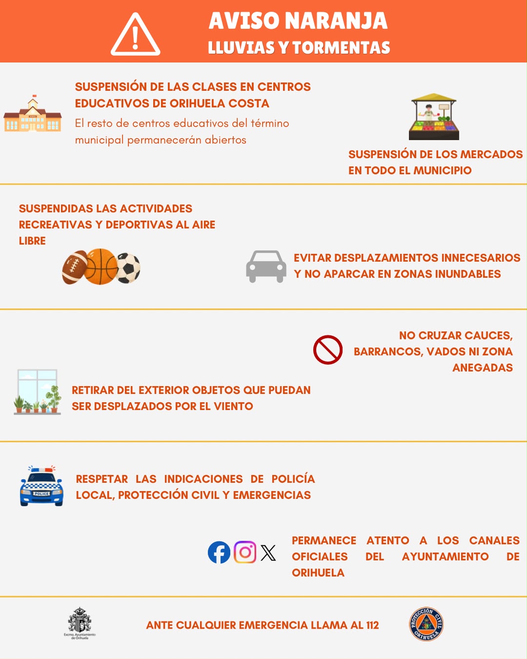 El Ayuntamiento de Orihuela suspende las clases en Orihuela Costa, los mercados y las actividades al aire libre ante la alerta naranja